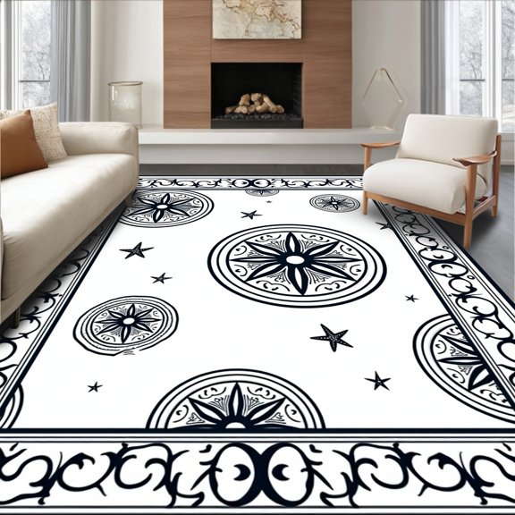 ODIKA 2'x3' Machine Washable Non-Slip Area Rug, Starfish Medallion Ocean Bath with Maritime High Traffic Rug, Black, 705115