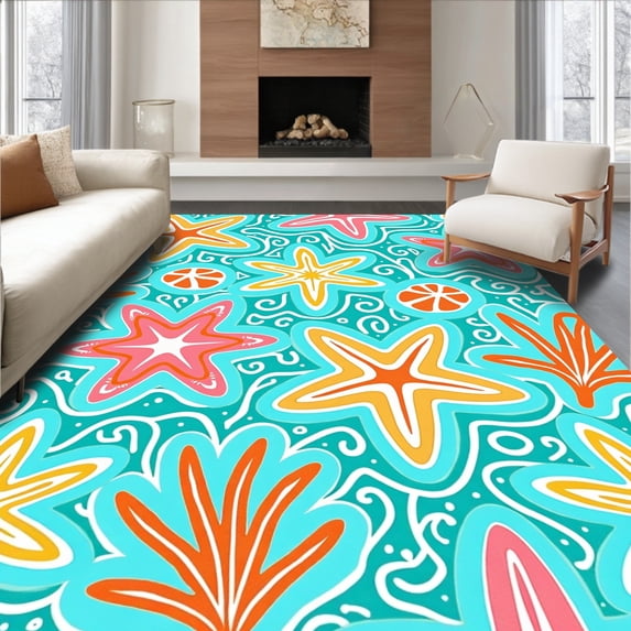 ODIKA 2'x3' Machine Washable Non-Slip Area Rug, Starfish and Shell Mosaic Art with Oceanic Swirls Coral Motifs High Traffic Rug, Turquoise, 701895