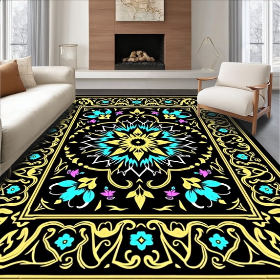 ODIKA 2'x3' Machine Washable Non-Slip Area Rug, Starlit Floral Burst Mosaic with Jewel Inspired Symmetry High Traffic Rug with Pad, Black, 601367