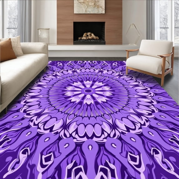 ODIKA 2'x3' Machine Washable Non-Slip Area Rug, Starry Night Swirl Elegant Medallion Petal Bloom Decorative High Traffic Rug, Purple, 447448