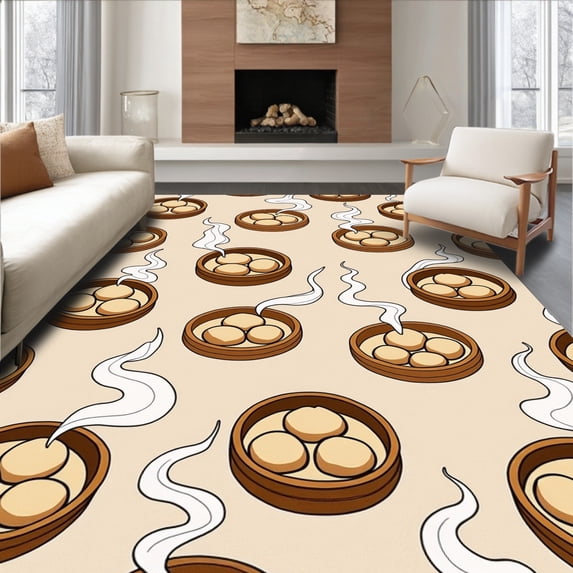 ODIKA 2'x3' Machine Washable Non-Slip Area Rug, Steaming Dumpling Cluster Doormat with Steamer Artwork High Traffic Rug, Beige, 700317