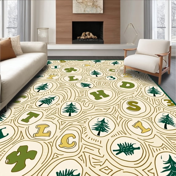 ODIKA 2'x3' Machine Washable Non-Slip Area Rug, Storybook Forest Letters with Cheerful Shapes and Interactive Numbers Map High Traffic Rug with Pad, Beige, 683794