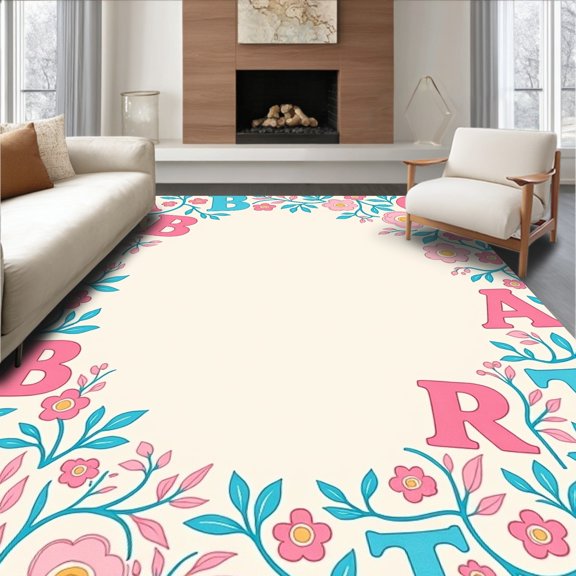 ODIKA 2x3 Machine Washable Non-Slip Area Rug, Storybook Garden Letters Design with Blossoming Florals and ABC High Traffic Rug, Pink, 688275