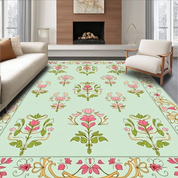 ODIKA 2x3 Machine Washable Non-Slip Area Rug, Storybook Hound Scene Interlocking Floral Embellished High Traffic Rug, Green, 633843