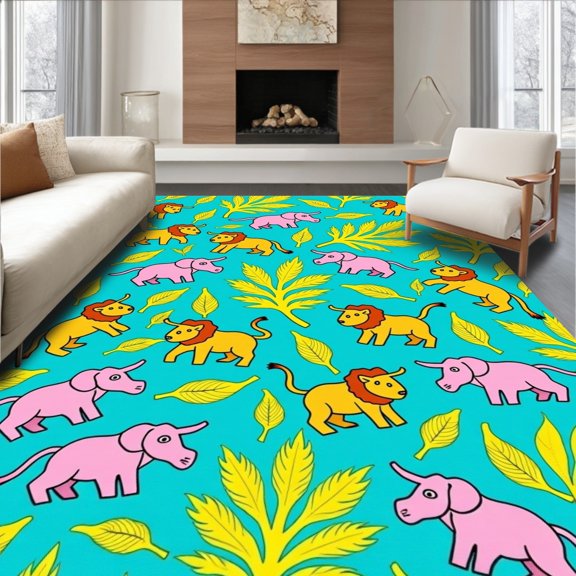 ODIKA 2x3 Machine Washable Non-Slip Area Rug, Storybook Safari Gathering with Artistic Animal Characters and Fern High Traffic Rug, Turquoise, 681932