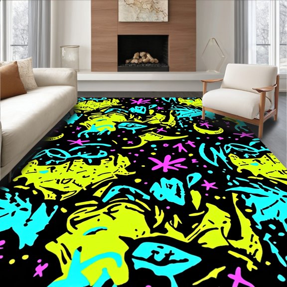 ODIKA 2x3 Machine Washable Non-Slip Area Rug, Street Art Graffiti Style Urban Culture Floor Covering High Traffic Rug, Black, 719704