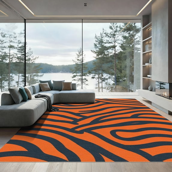 ODIKA 2'x3' Machine Washable Non-Slip Area Rug, Striking Tiger Stripe Interlocking Design High Traffic Rug with Pad, Orange, 911395