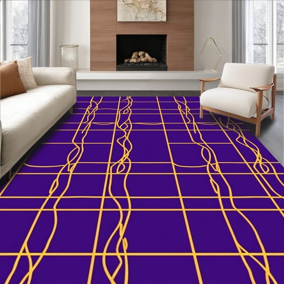 ODIKA 2'x3' Machine Washable Non-Slip Area Rug, Stylized Bold Lines With Interwoven Athletic Symbolic High Traffic Rug with Pad, Purple, 671966