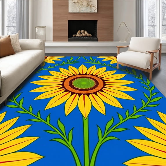 ODIKA 2'x3' Machine Washable Non-Slip Area Rug, Sunburst Garden Blossom with Radiant Petal Arrangement High Traffic Rug, Yellow, 730978