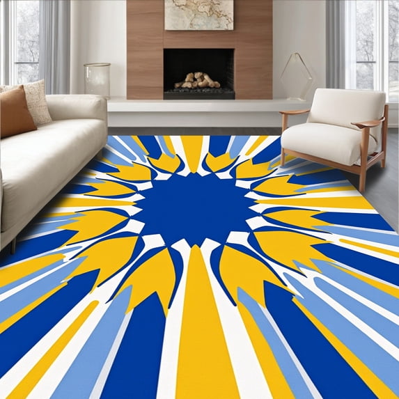 ODIKA 2'x3' Machine Washable Non-Slip Area Rug, Sunburst Maze Interlocking Abstract Boho High Traffic Rug with Pad, Blue, 701820