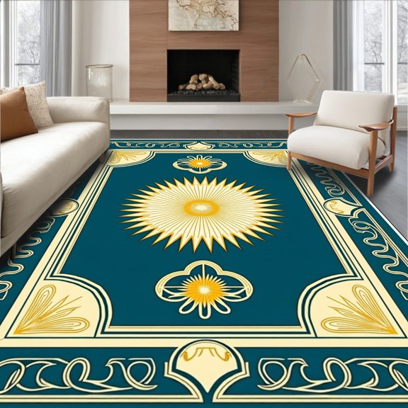 ODIKA 2x3 Machine Washable Non-Slip Area Rug, Sunburst Medallion Pathway Interlocking with Accents High Traffic Rug, Teal, 710811