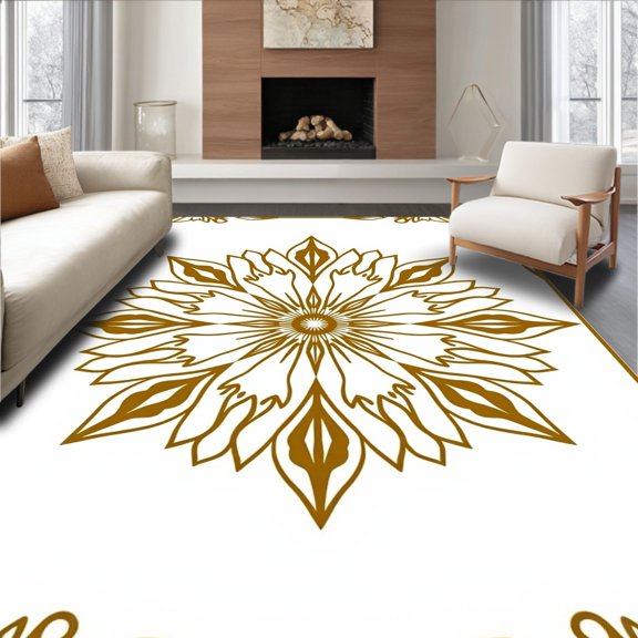 ODIKA 2x3 Machine Washable Non-Slip Area Rug, Sunburst Motif with Rococo Petal Detailing High Traffic Rug, Gold, 567155