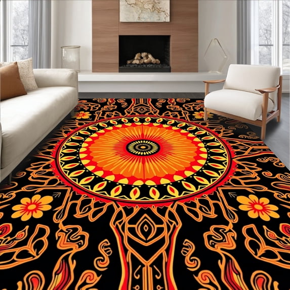 ODIKA 2'x3' Machine Washable Non-Slip Area Rug, Sunburst with Intricate Petal Design Beach Meditation High Traffic Rug with Pad, Black, 707885