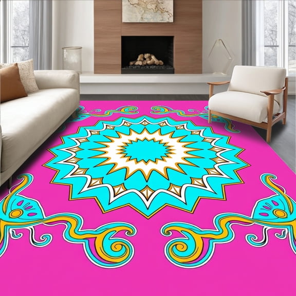 ODIKA 2x3 Machine Washable Non-Slip Area Rug, Sunburst with Paisley Swirl Design High Traffic Rug, Pink, 705338