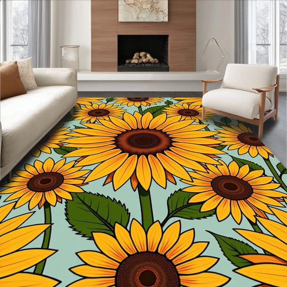 ODIKA 2'x3' Machine Washable Non-Slip Area Rug, Sunflower Field Botanical Print with Blooming Petals Motif High Traffic Rug, Yellow, 466207