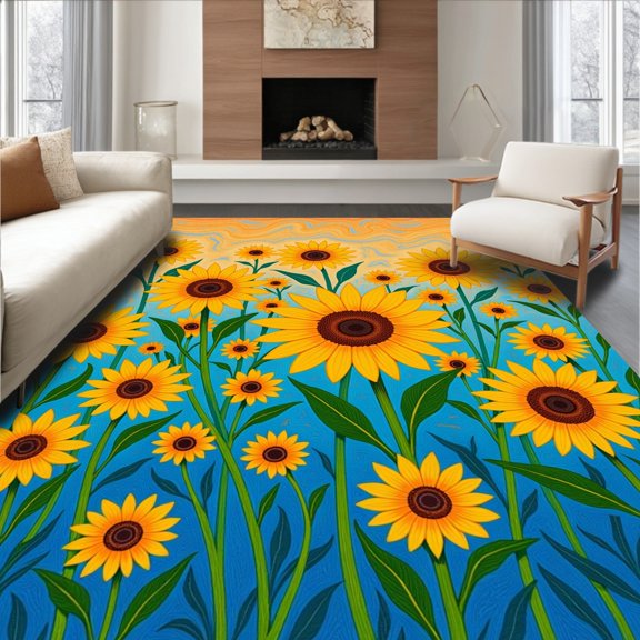 ODIKA 2x3 Machine Washable Non-Slip Area Rug, Sunflower Meadow Latch Hook Kit with Needle Threading Tools High Traffic Rug, Yellow, 637488