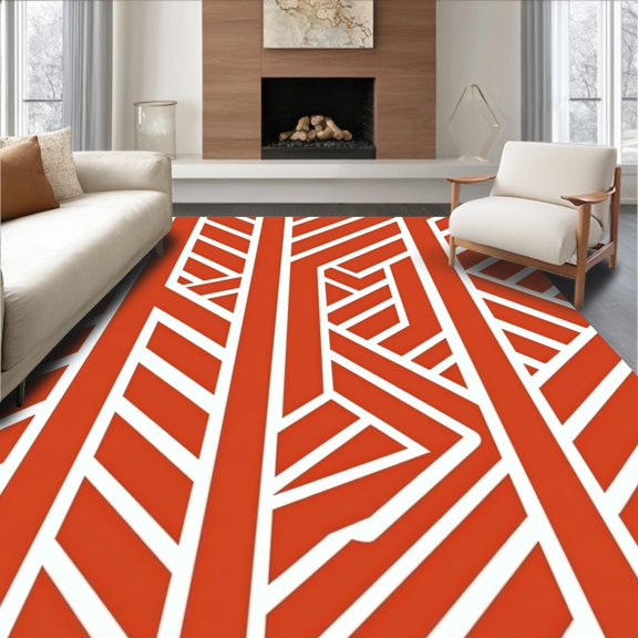 ODIKA 2x3 Machine Washable Non-Slip Area Rug, Sunset Stripe Mosaic with Modern Chevron Accents and Interlocking Lines High Traffic Rug, Red, 544390