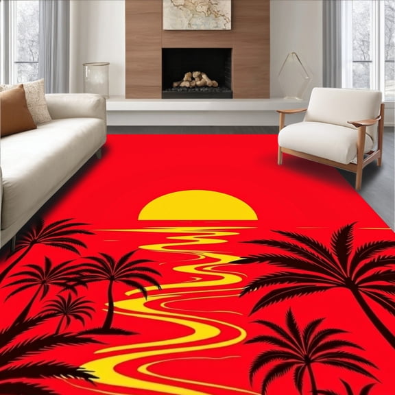 ODIKA 2x3 Machine Washable Non-Slip Area Rug, Sunset Tropical Vacation Retreat Horizon Vista Serenity High Traffic Rug, Red, 718763