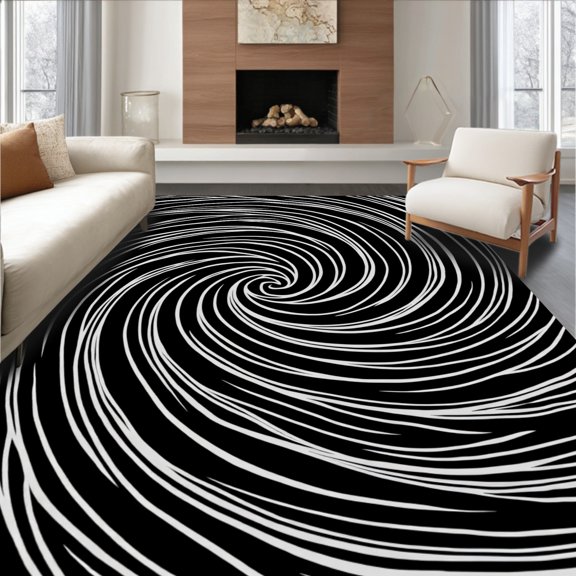 ODIKA 2x3 Machine Washable Non-Slip Area Rug, Swirling Cloud Spiral Textured with Abstract Vortex Design High Traffic Rug, Black, 514666