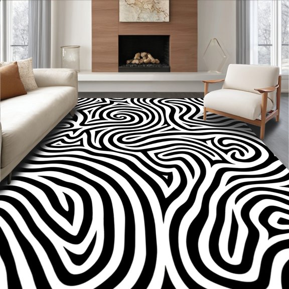ODIKA 2x3 Machine Washable Non-Slip Area Rug, Swirling Vortex Abstract High Traffic Rug, Black, 443502