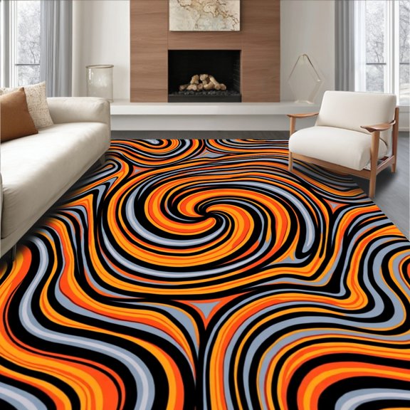 ODIKA 2x3 Machine Washable Non-Slip Area Rug, Swirling Vortex Abstract with Dynamic Flowing Spiral Motifs High Traffic Rug, Black, 499211