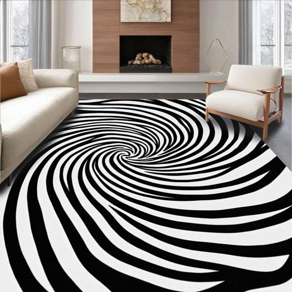 ODIKA 2x3 Machine Washable Non-Slip Area Rug, Swirling Vortex Spiral Modern Art Indoor Floor Covering High Traffic Rug, Black, 495314