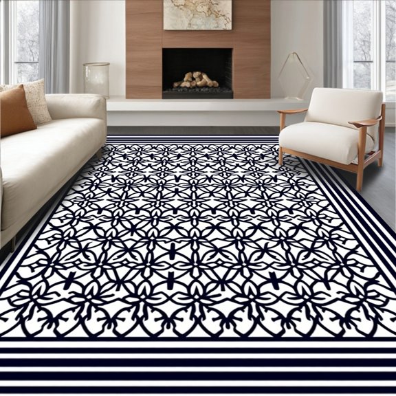 ODIKA 2x3 Machine Washable Non-Slip Area Rug, Symmetrical Mosaic Tessellation Framework High Traffic Rug, Black, 581857