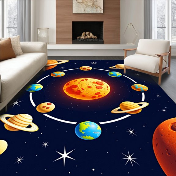 ODIKA 2x3 Machine Washable Non-Slip Area Rug, System Galaxy Featuring Planets Stars Educational Space Theme High Traffic Rug, Orange, 693262