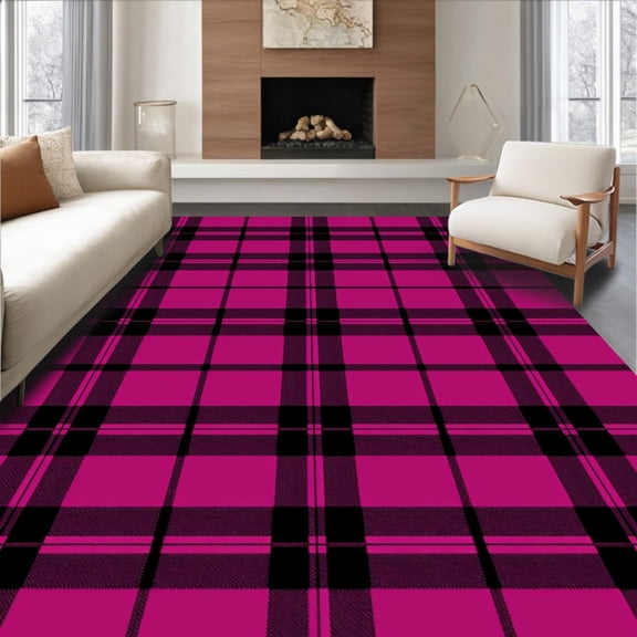 ODIKA 2x3 Machine Washable Non-Slip Area Rug, Tartan Stripe Floor Accent with Scottish Highland Inspiration High Traffic Rug, Pink, 610619