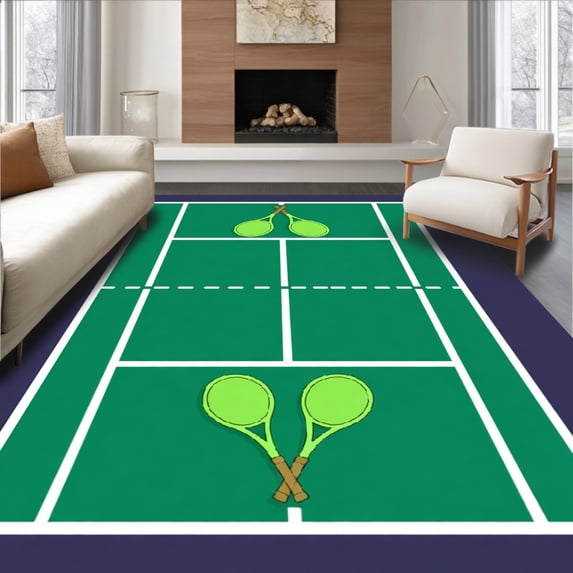 ODIKA 2'x3' Machine Washable Non-Slip Area Rug, Tennis Court Crossed Rackets Balls Design High Traffic Rug with Pad, Green, 841149