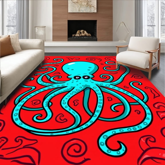 ODIKA 2'x3' Machine Washable Non-Slip Area Rug, Tentacle Art with Flowing Nautical Design High Traffic Rug, Red, 334553