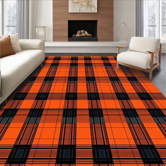 ODIKA 2'x3' Machine Washable Non-Slip Area Rug, Thanksgiving Tartan Style with Festive Crossed Lines High Traffic Rug with Pad, Orange, 511413