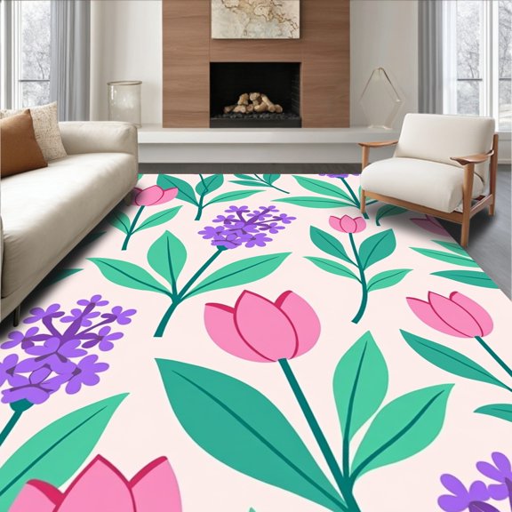 ODIKA 2x3 Machine Washable Non-Slip Area Rug, Throw Cushion Springtime Bouquet Hooking Project High Traffic Rug, Pink, 634553