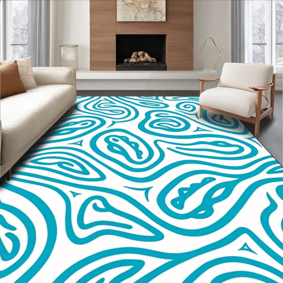 ODIKA 2'x3' Machine Washable Non-Slip Area Rug, Tidal Ripple U Shaped Bath with Abstract Shell and Wave Accents High Traffic Rug, Blue, 708206