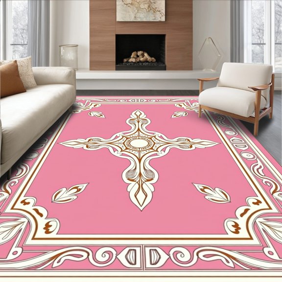 ODIKA 2x3 Machine Washable Non-Slip Area Rug, Tile Inspired Quatrefoil Medallion with Vintage Charm High Traffic Rug, Pink, 473588
