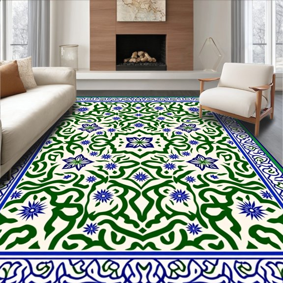 ODIKA 2x3 Machine Washable Non-Slip Area Rug, Tile Mosaic with Curves and Medallions High Traffic Rug, Green, 594116