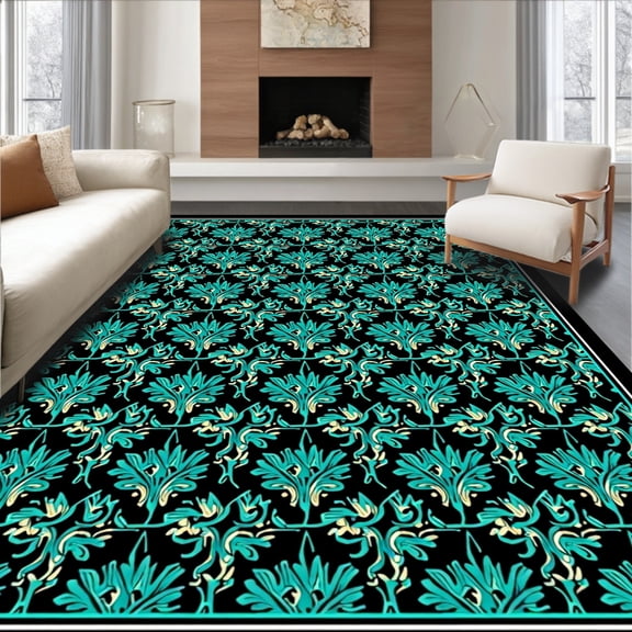 ODIKA 2x3 Machine Washable Non-Slip Area Rug, Timeless Boho Verdant Foliage Jewel Distinctive Charm High Traffic Rug, Black, 663512