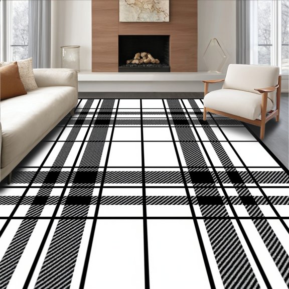 ODIKA 2x3 Machine Washable Non-Slip Area Rug, Timeless Plaid Grid with Intersecting Stripes and Balanced Spacing High Traffic Rug, Black, 612663
