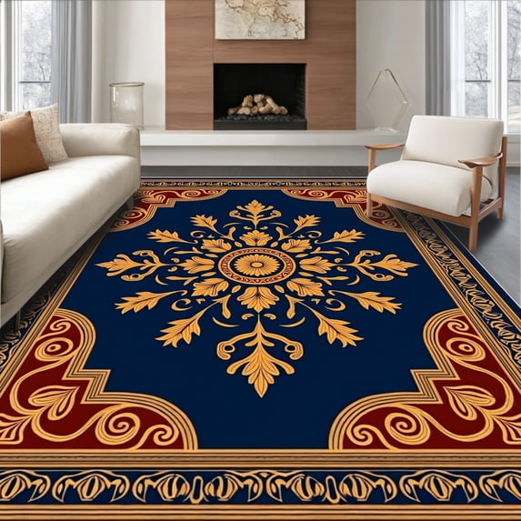 ODIKA 2'x3' Machine Washable Non-Slip Area Rug, Traditional Damask Style with Rust and Floral Embellishments High Traffic Rug, Navy, 370733