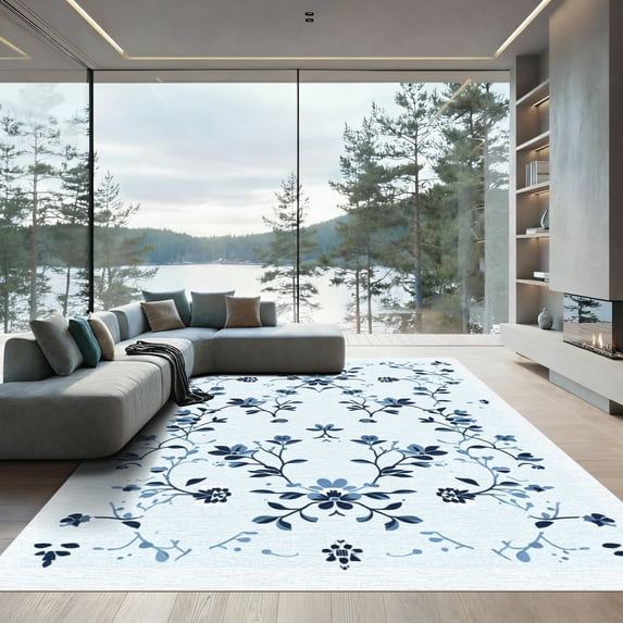 ODIKA 2x3 Machine Washable Non-Slip Area Rug, Traditional Navy Blue High Traffic Rug, White, 1083560