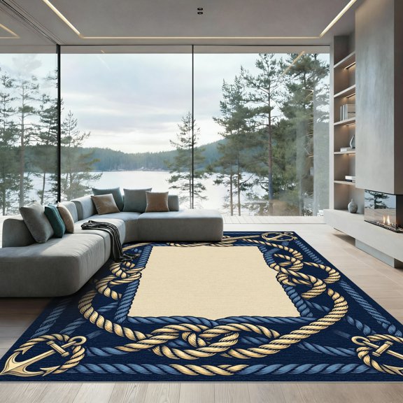 ODIKA 2x3 Machine Washable Non-Slip Area Rug, Traditional Navy High Traffic Rug, Beige, 1236396