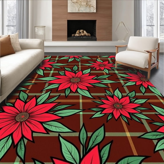 ODIKA 2'x3' Machine Washable Non-Slip Area Rug, Traditional Plaid Tartan Check with Poinsettia Flower Motif High Traffic Rug, Red, 621797