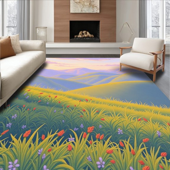 ODIKA 2x3 Machine Washable Non-Slip Area Rug, Tranquil Dawn Valley Scenic Panorama Accent High Traffic Rug, Green, 451939