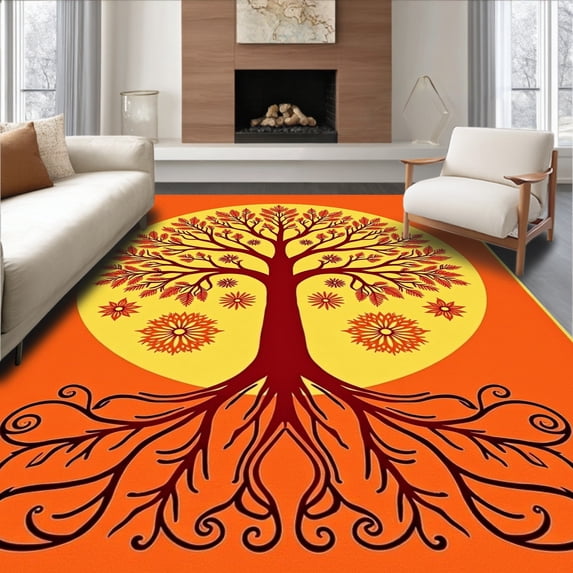 ODIKA 2'x3' Machine Washable Non-Slip Area Rug, Tree with Growth Symbolism High Traffic Rug with Pad, Orange, 510871