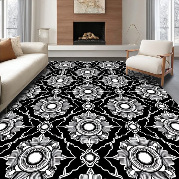 ODIKA 2x3 Machine Washable Non-Slip Area Rug, Trellis Entryway Statement With Interlinked Medallions High Traffic Rug, Black, 536266