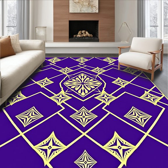 ODIKA 2'x3' Machine Washable Non-Slip Area Rug, Triumphant Banner Showcasing Interlocking and Emblem Motifs High Traffic Rug, Purple, 671944