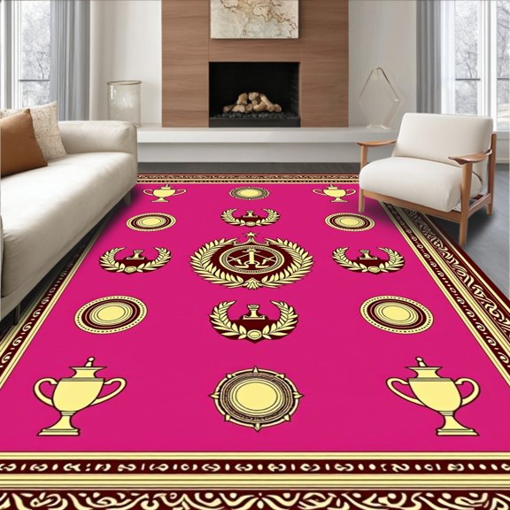 ODIKA 2x3 Machine Washable Non-Slip Area Rug, Trophy Emblem Medallion for Athletic High Traffic Rug, Pink, 671302