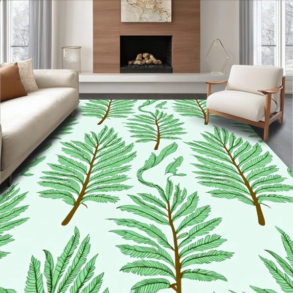 ODIKA 2'x3' Machine Washable Non-Slip Area Rug, Tropical Fern Frond Design Easy Clean High Traffic Rug with Pad, Green, 452177