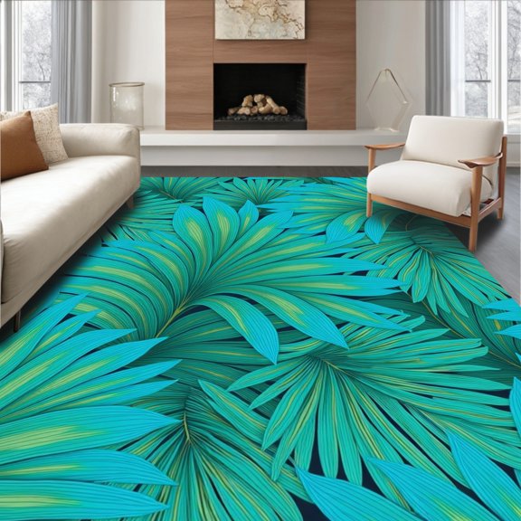 ODIKA 2x3 Machine Washable Non-Slip Area Rug, Tropical Foliage With Overlapping Palm Fronds High Traffic Rug with Pad, Blue, 516004