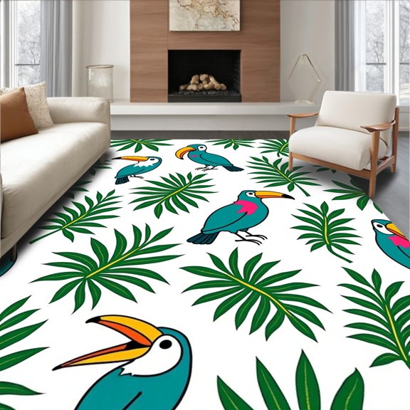 ODIKA 2x3 Machine Washable Non-Slip Area Rug, Tropical Jungle Explorer with Monkey Toucan Parrot Motifs High Traffic Rug with Pad, Teal, 681539